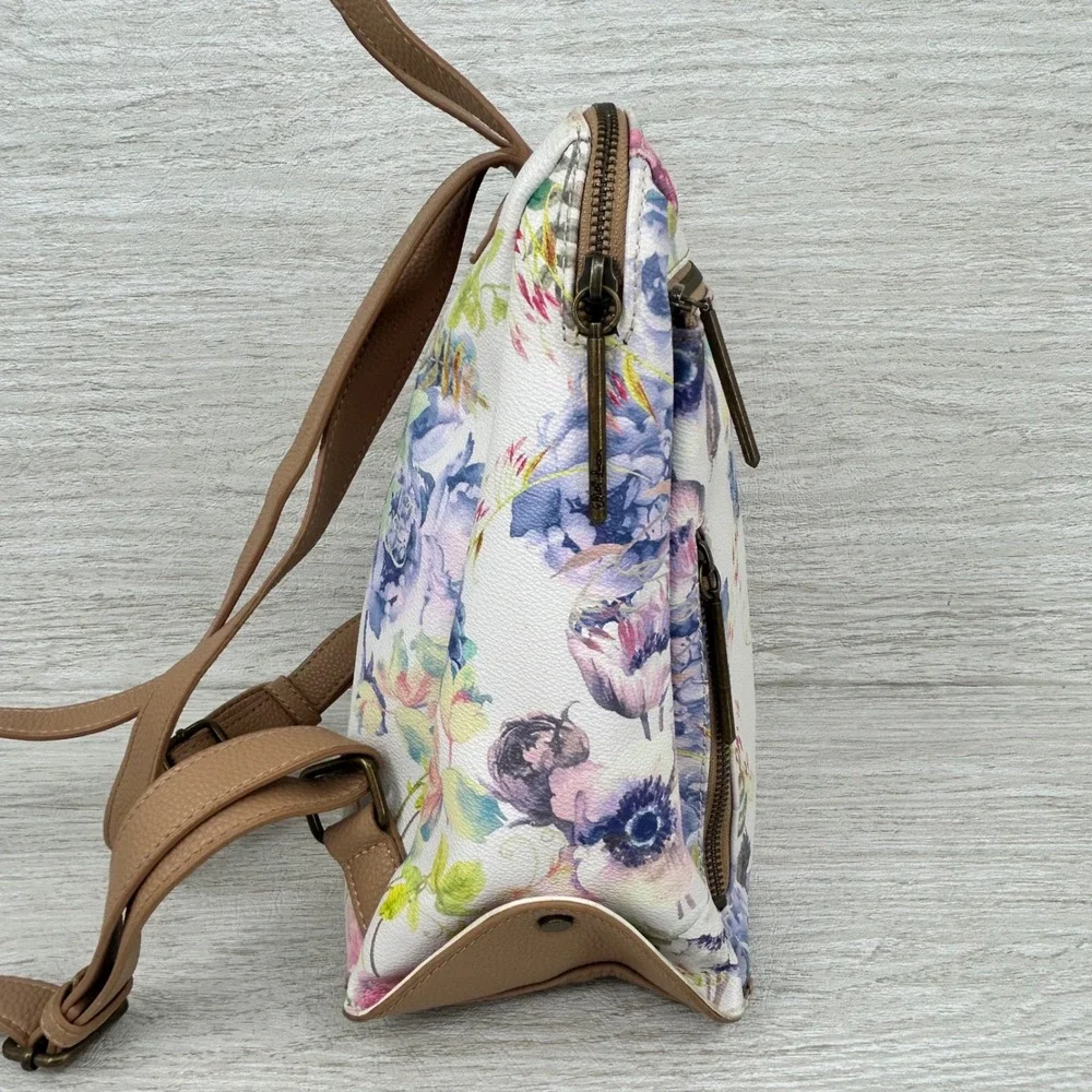 Elliott Lucca Floral Print Backpack White Pink Purple Faux Leather Mini Bag